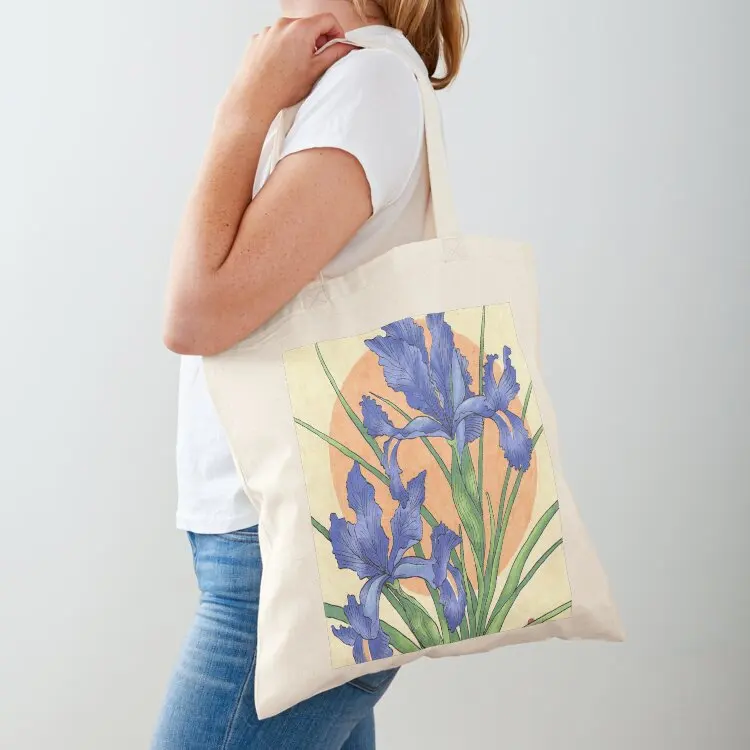 

Blue irises on yellow and gold background Tote Bag shopper bags woman shopping bag canvas tote bag