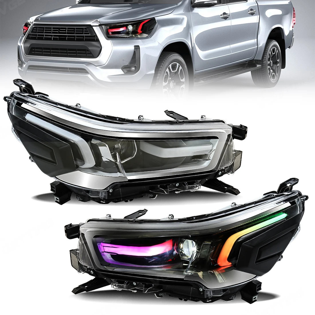 RGB LED Car Headlights Light Assembly For Toyota Hilux 2021 2022 2023 2024 Colorful Daytime Running Lights Turn Signal Lamps 12V