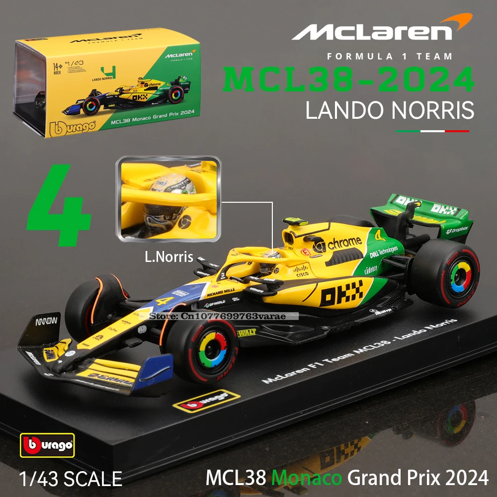 Bburago 1:43 2024 F1 Mclaren MCL38 Monaco Grand Prix Alloy Car Miniature Diecast Model #4 Lando Norris #81 Oscar Piastri Toy