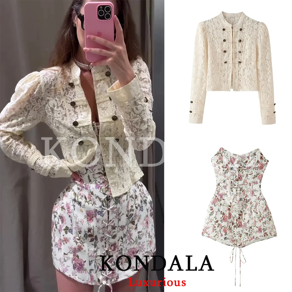 KONDALA High Street Chic Women Dress Suit Lace Print Knot Button Long Sleeve Top Strapless Dress Fashion 2026 Summer Fall Suit