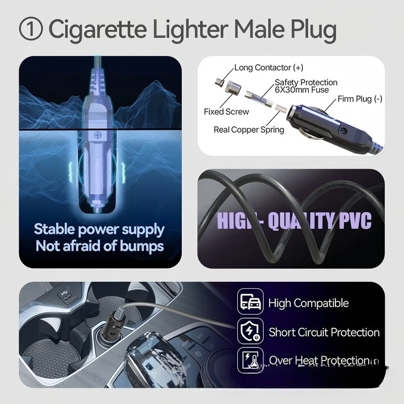 5M 3-in-1  Mini DC Power Cable 18AWG Car Cigarette Lighter Cord