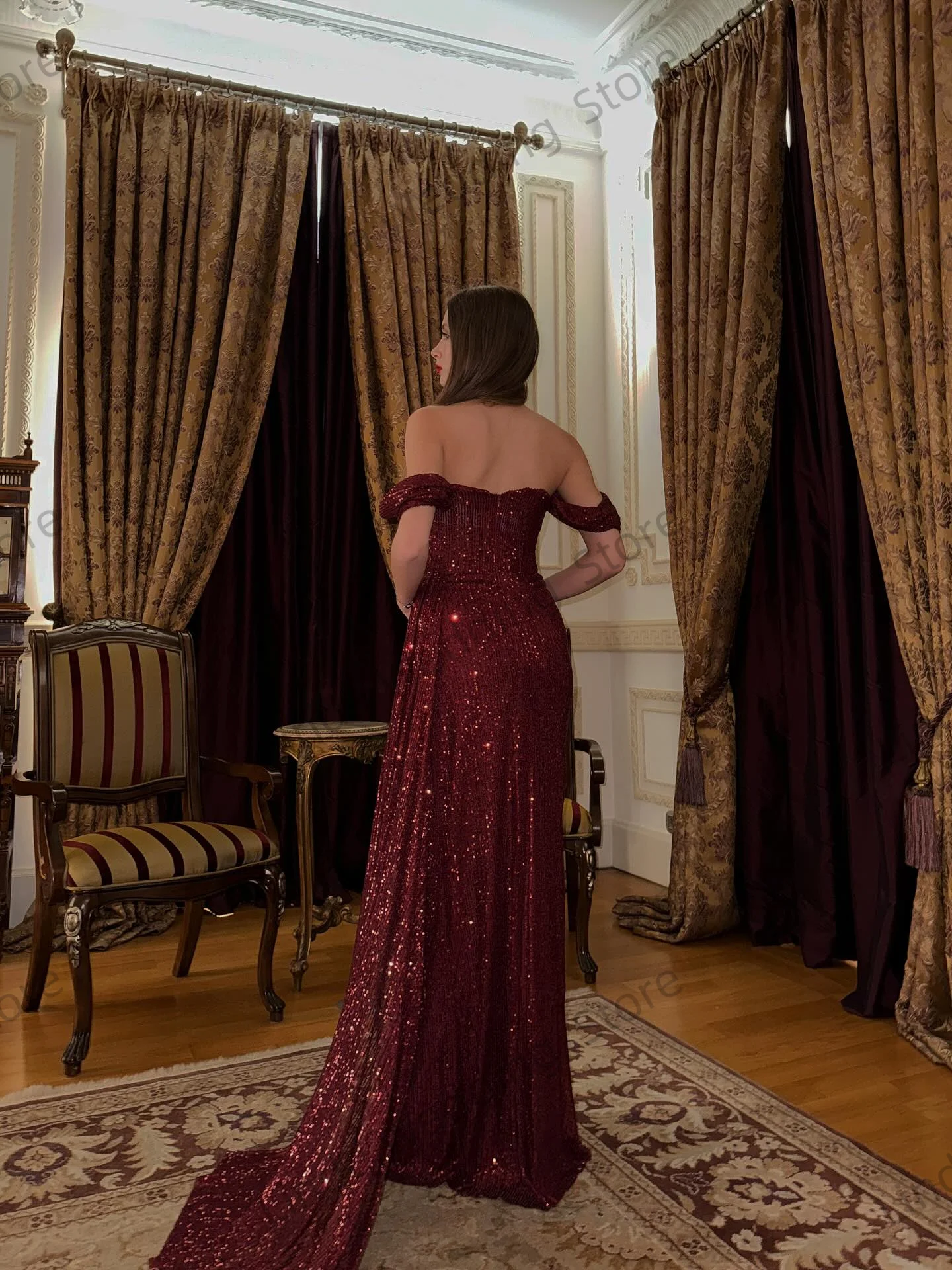 Sequin Burgudy Prom Dresses Off The Shoulder Mermaid Vestidos de Gala for Formal Occasion Shiny Slit Prom Party Gowns Customized