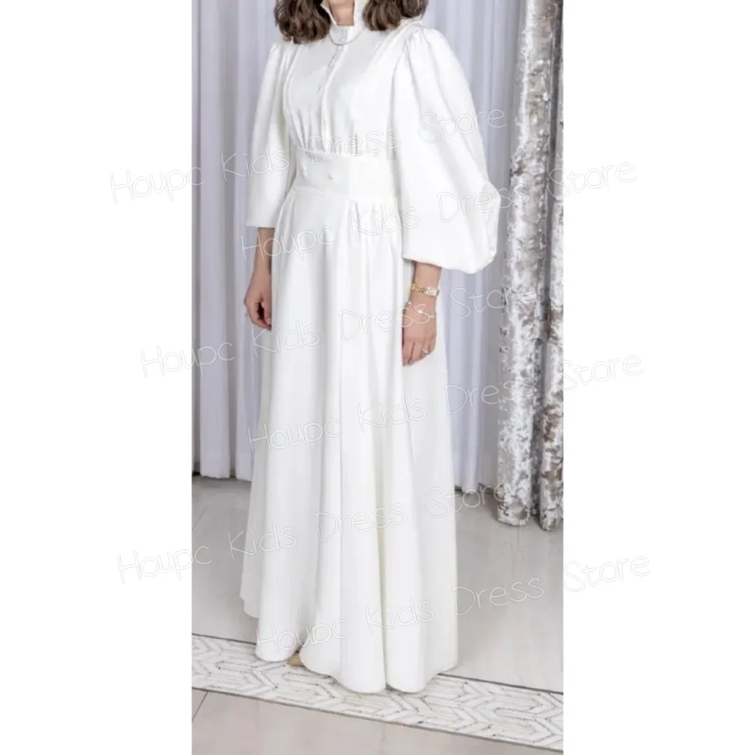 Custom White Satin Flower Girl Dress for First Communion, High Neck Gown with 3/4 Puff Sleeves & Wide Belt, Customizable Kids We