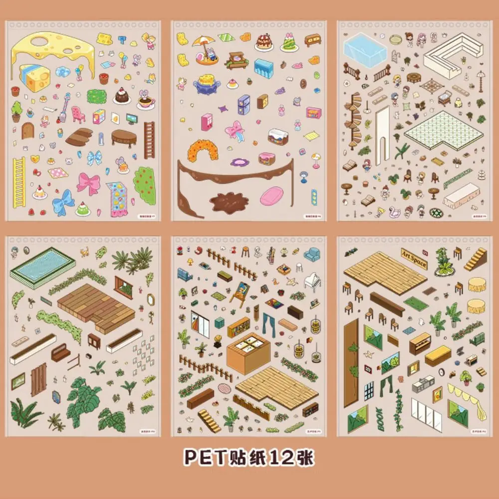 Kawaii PET Miniature Scene Collection Visual Stacking Cartoon Landscape Sticker Book 3D DIY 3D Pocket Cabin Scene Stickers