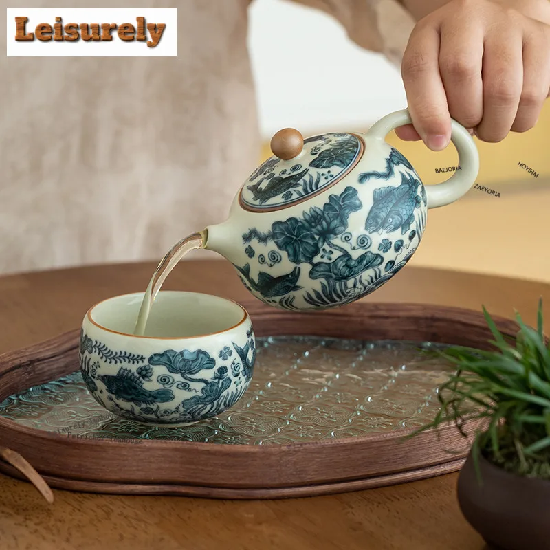 200ml Ru Kiln Fish And Algae Pattern Xishi Teapot Aesthetic Tea Infuser Pot Tea Maker Kettle With Ball Hole Chinese Tea Set