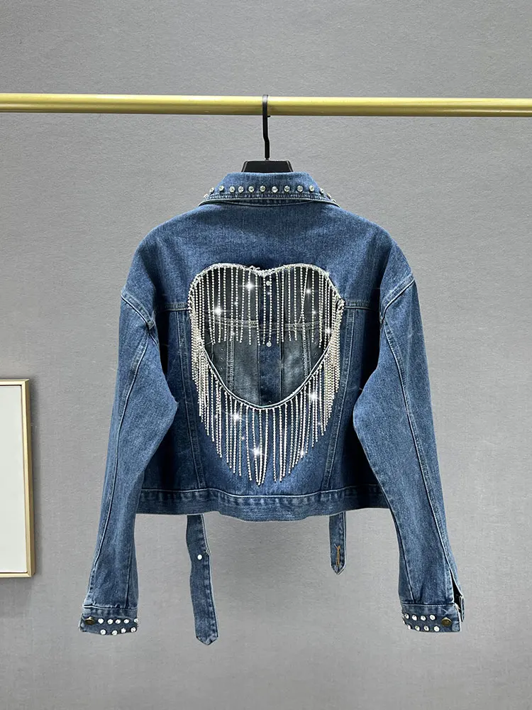 

Tassel Trim Diamond Embellied Women's Denim Jaet Trendy ort Loose Slimming Casual Sle Long Sve Cotton Blend