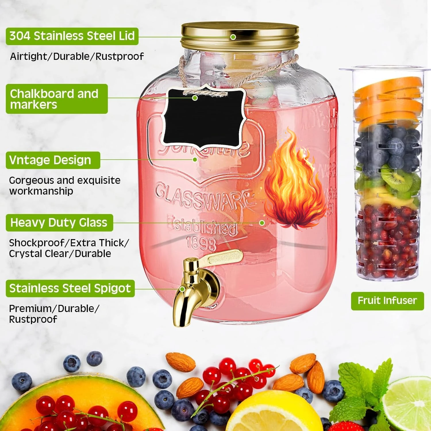 

3 Pcs 2 Gallon Glass Drink Dispenser with Stand and Lid Mason Jar Beverage Dispenser with Stainless Steel Spigot, Hanging