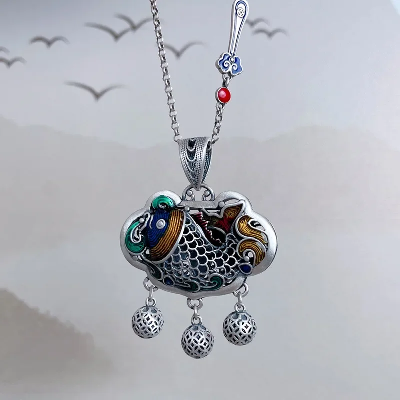 New in Classic 925 Silver Carp Fish Lotus Tassel Necklace for Women Ethnic Style Blue Lotus Double Sided Pendant Jewelry Gift