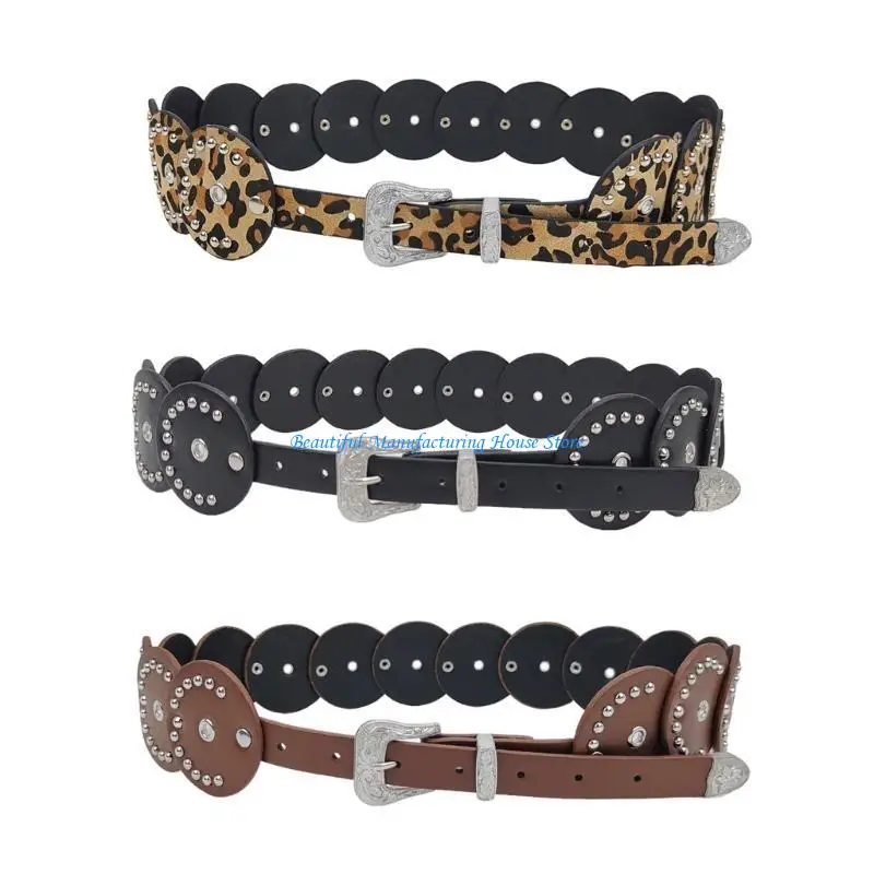 

E56A Round Disc Belt for Women with Rivet Studded Fashion PU Belt All Matching Belt Western Waiststrap Adjustable Waistband