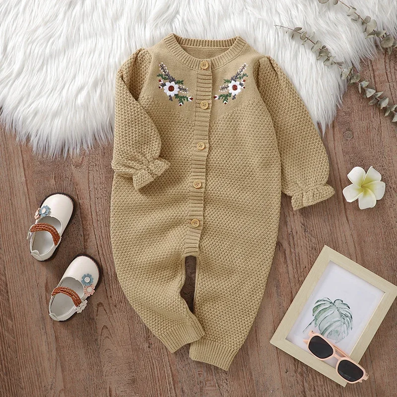 Newborn Baby Rompers Knitted Infant Girls Jumpsuit Fashion Ruffles Embroidery Autumn Toddler Clothing 0-18M Long Sleeve Overalls