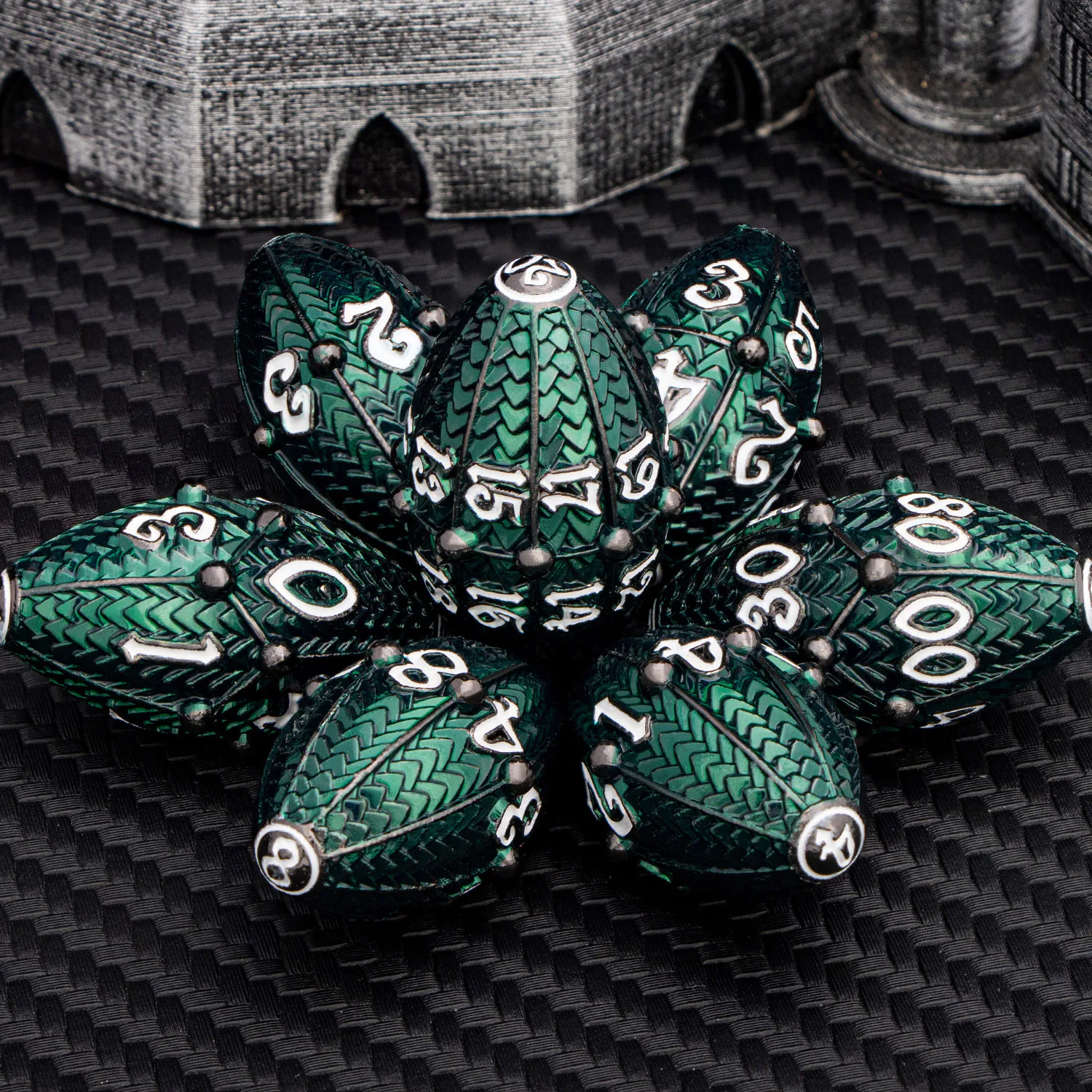 ARUOHHA 7PCS DND Metal Black Green Dragon Egg Dice D20 Dungeon and Dragon Role Playing Game D&D Polyhedral D and D Dice Set