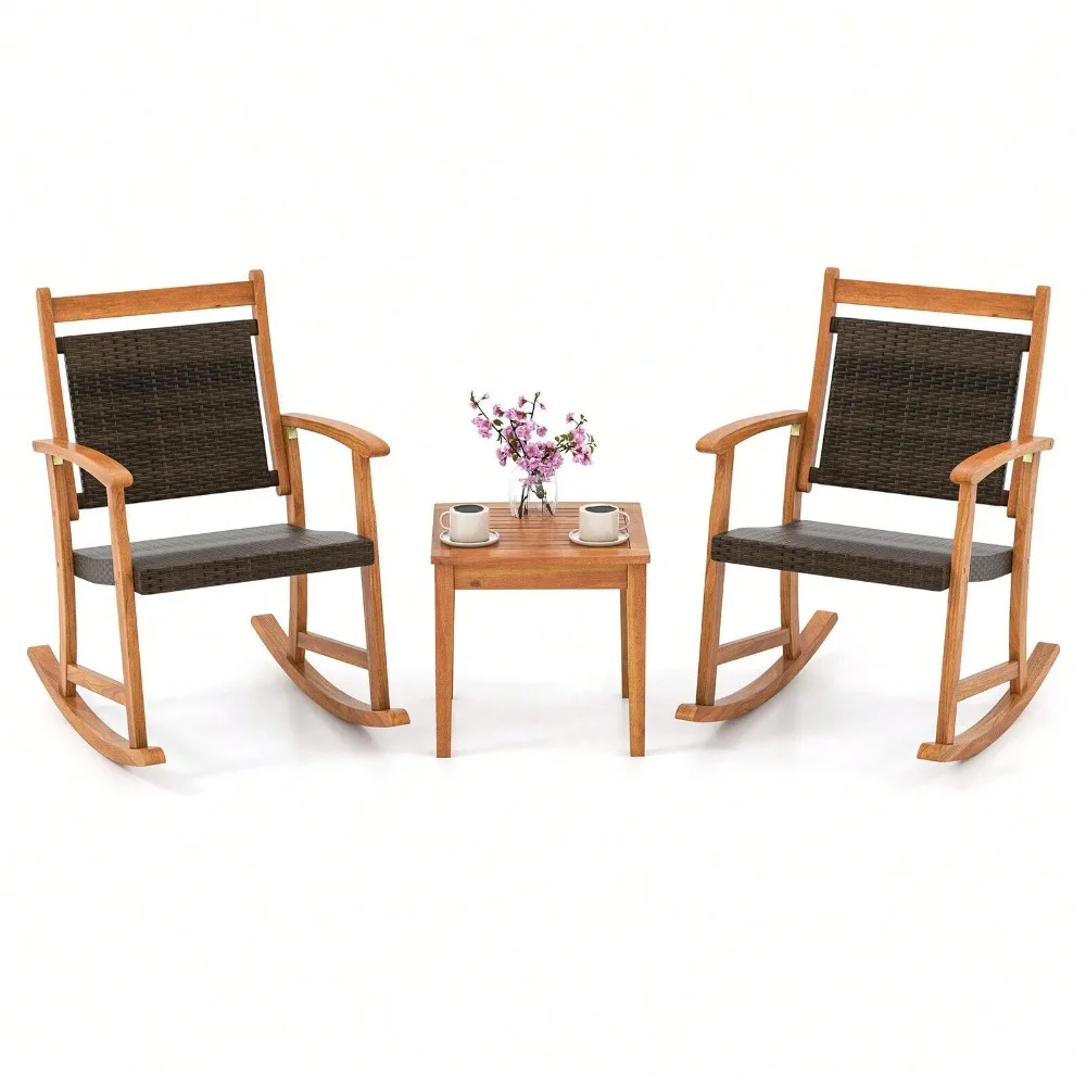 

3PCS Acacia Rocking Wicker Bistro Set w/ 2 Porch Chairs & Coffee Side Table