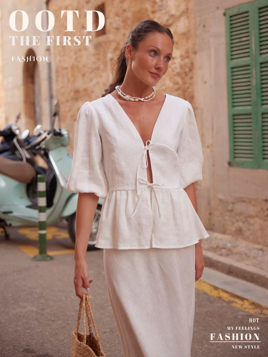 

2024 Summer Cotton Set - Bow Tie Puff Sleeve Blouse & Straight Maxi Skirt, Elegant Two Piece Outfit for Women f146