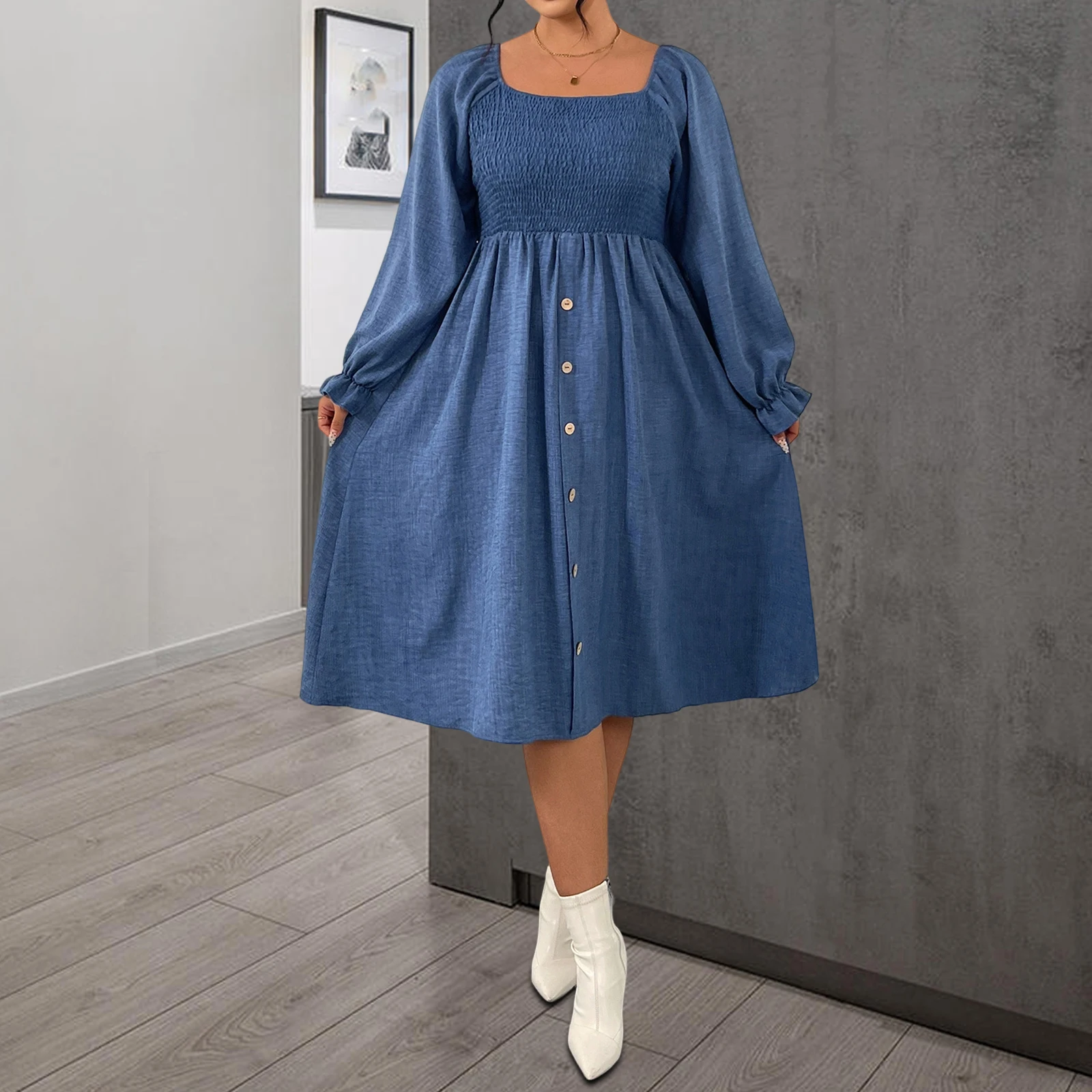 2026 أزياء المرأة الخريف حجم كبير فستان طويل الأكمام ساحة الرقبة زر حتى ألف خط فساتين متوسطة الطول للفتيات متعرج #5