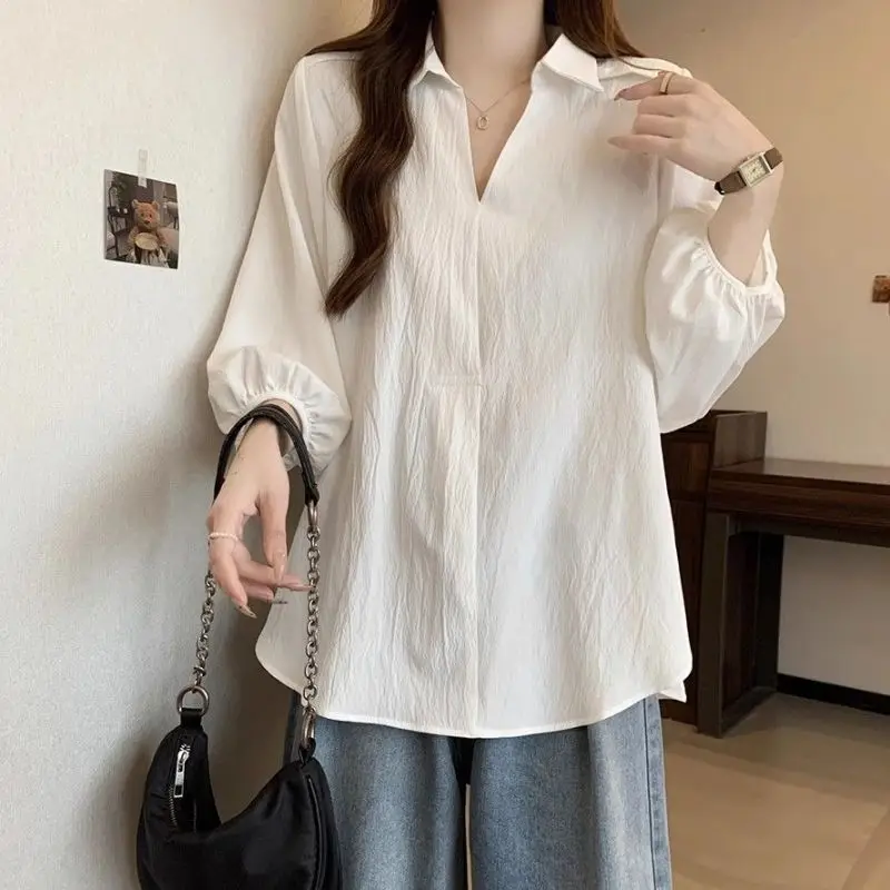 Women Summer Simplicity Fashion Loose Solid Color Turn-down Collar 3/4 Sleeve Shirts Women Clothes Casual All-match Elegant Tops