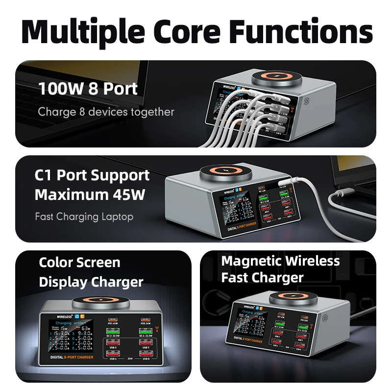 محطة شاحن USB C PD QC ذكية ذات 8 منافذ مع شاشة رقمية للتحكم في تطبيق Tuya متوافقة مع سلسلة iPhone 16 Pro WLX X9A