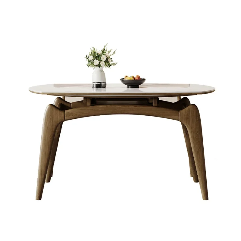 Rock slab dining table and chair combination household dining table folding telescopic solid wood variable round table