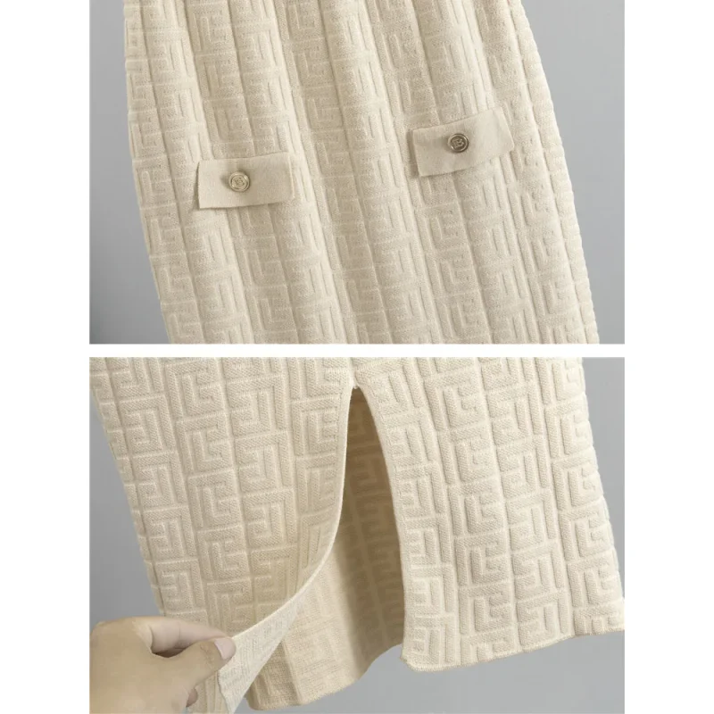 Chic Design Knitted 2 Piece Sets Women Single Breasted Knit Sweater Cardigan Tops With Belt Conjuntos High Waist Skirts Outfit view 6