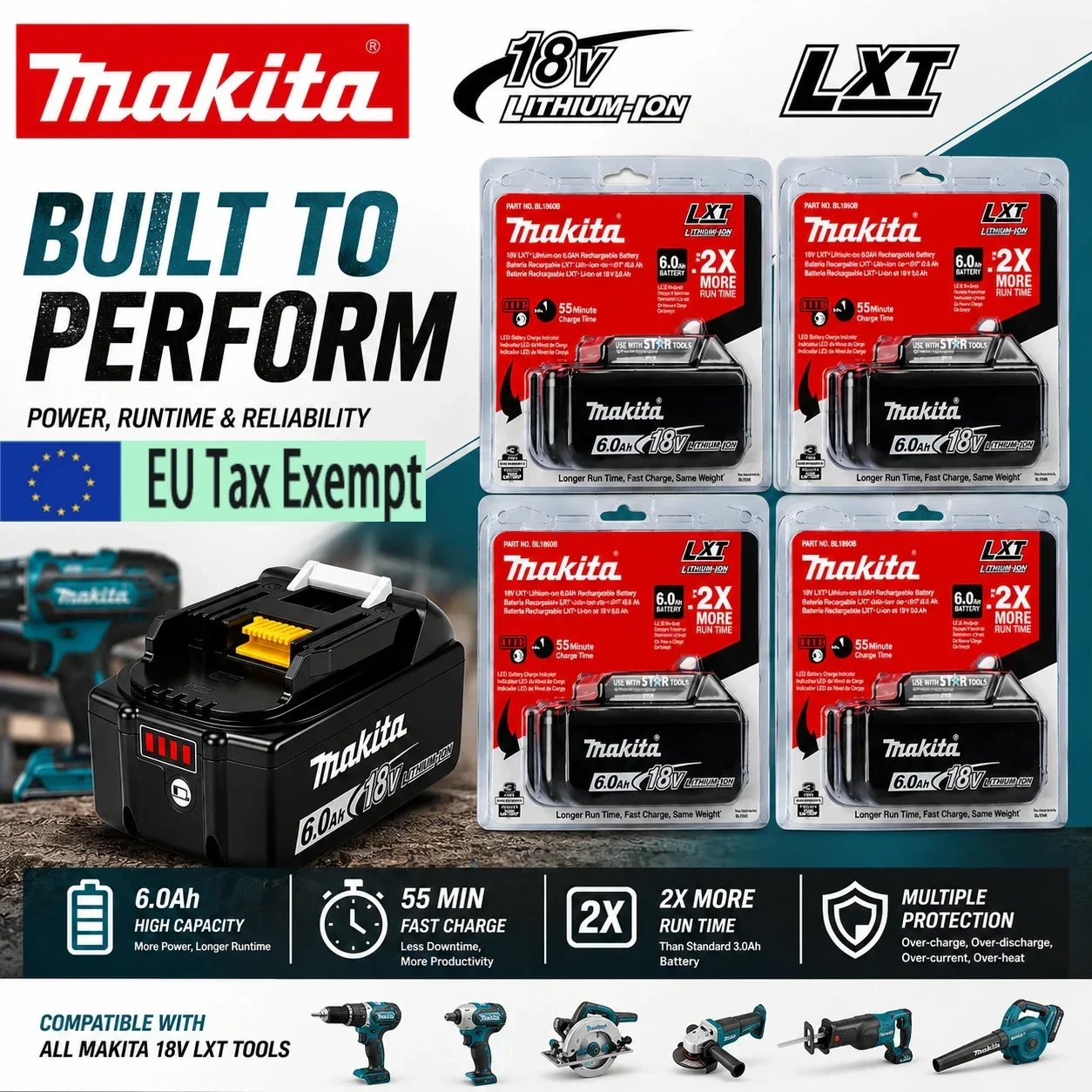 Batteria di ricambio agli ioni di litio da 18 V e 6,0 Ah, compatibile con gli utensili Makita BL1860B, BL1850B, BL1840B e LXT.