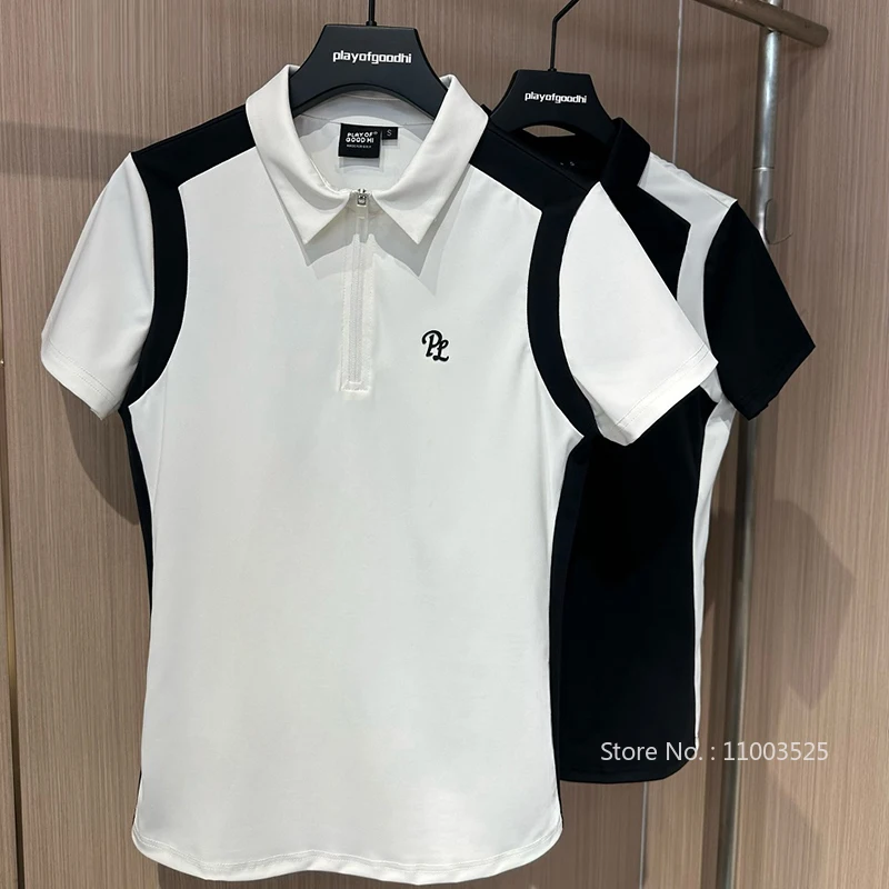 

PL Одежда для гольфа Летние женские топы для гольфа с короткими рукавами и воротником-молнией Женские дышащие рубашки поло контрастного цвета Быстросохнущие