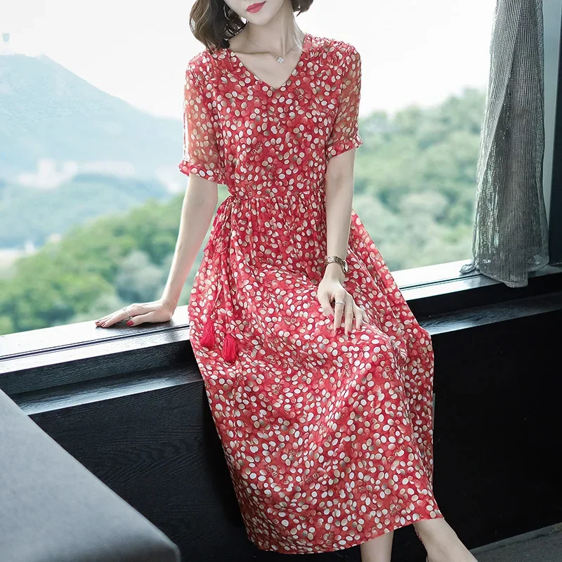 2024 Spring Summer Dress 100% Silk Dress Female Polka-dot Elegant Dresses For Women Casual Long Sleeve Vestido De Mujer Pph3754