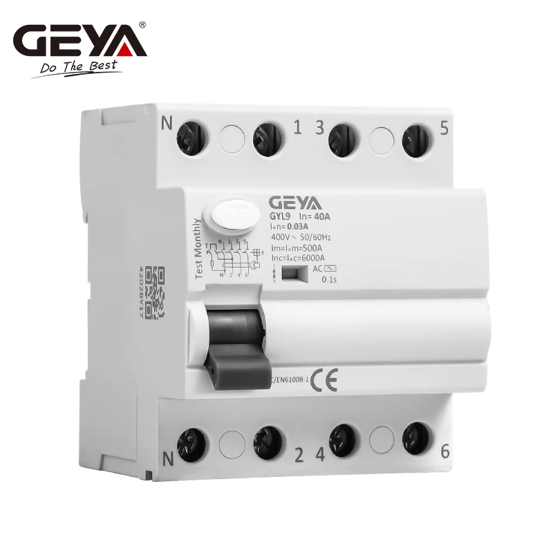 GEYA GYL9 AC Residual Current Circuit Breaker Differential Breaker Safety Switch 4P 40A 63A 100A