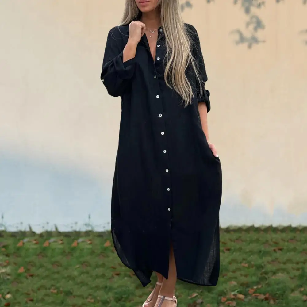 Loose Hem Maxi Dress Women Long Lapel Shirt Dress Elegant Women's Maxi Dress with Single-breasted Cardigan