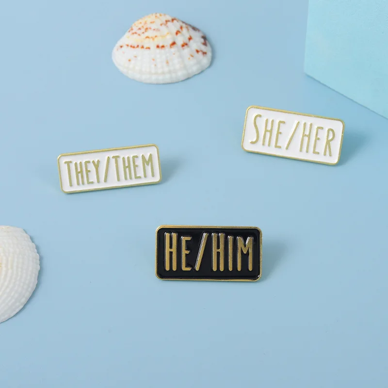 Simple Pronouns Enamel Pins Custom HE HIM SHE HER THEY THEM Brooches Black White Lapel Badges Fun Jewelry Gift for Friends