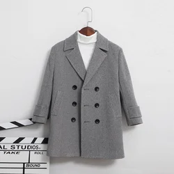 Boys Woolen Coat Overcoat Jacket Windbreak 2024 Gray Warm Plus Thicken Autumn Winter Cotton Christmas Gift Children's Clothing