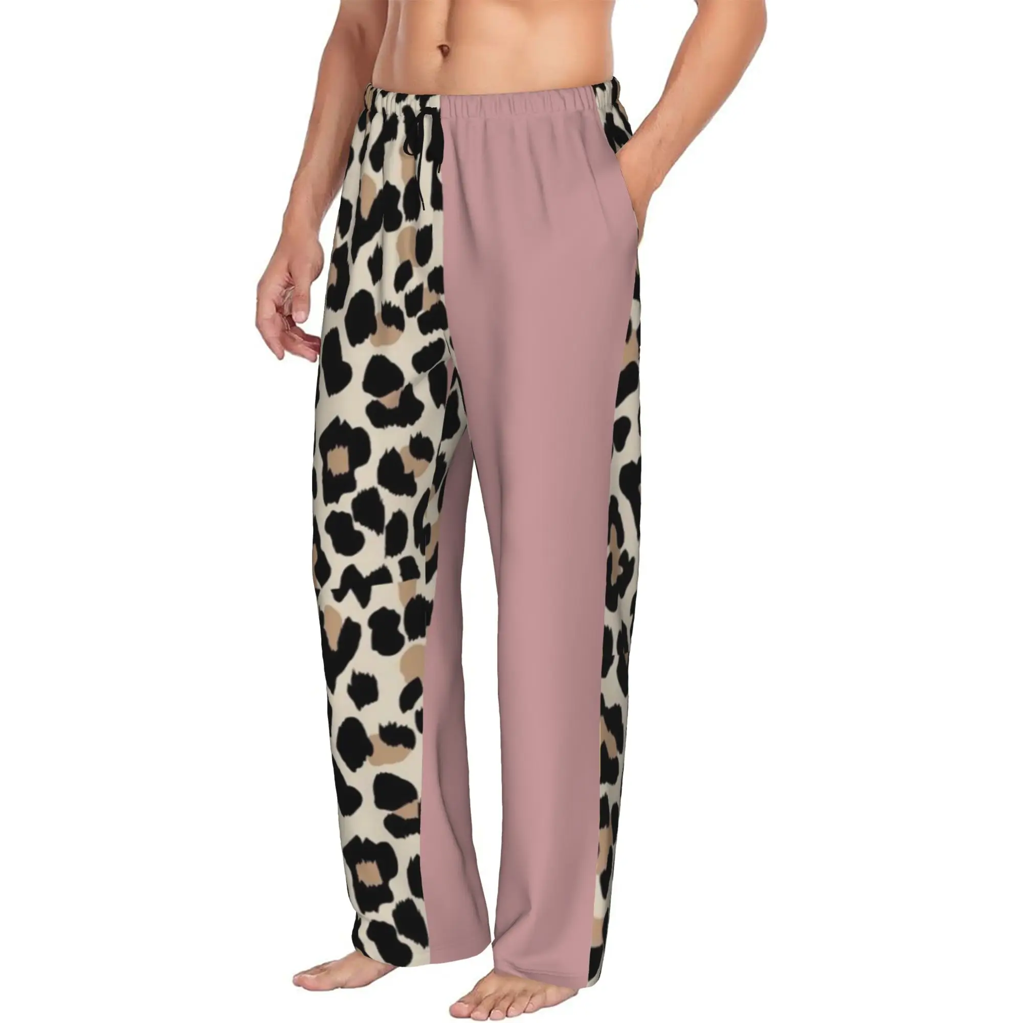 Custom Leopard Print Colorful Pajama Pants for Men  Lounge Sleep Drawstring Sleepwear Bottoms with Pockets