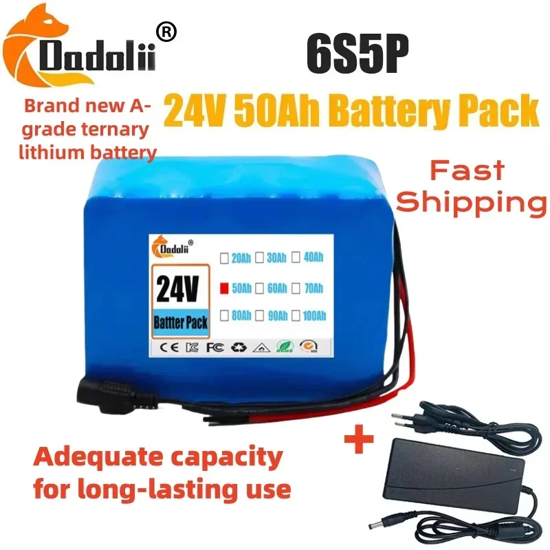 

24V Battery 6S5P Battery Pack 50Ah Rechargeable Lithium Battery for Ebike Electric Bicycle With Capacity Indicator&BMS+Charger