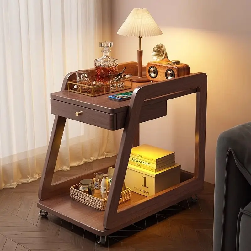 Solid wood edge few with wheels movable coffee table sofa shelf living room small table cart workbench bedside table