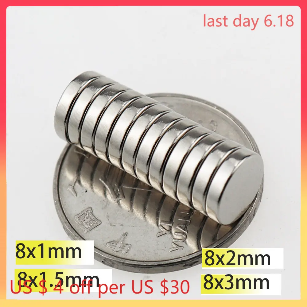 

N35 8x1 8x1.5 8x2 8x3 Magnet Superpower 8*2 Neodymium Magnets Nickle Search Magnetic Fridge DIY Craft Scooter NdFeB Aimant