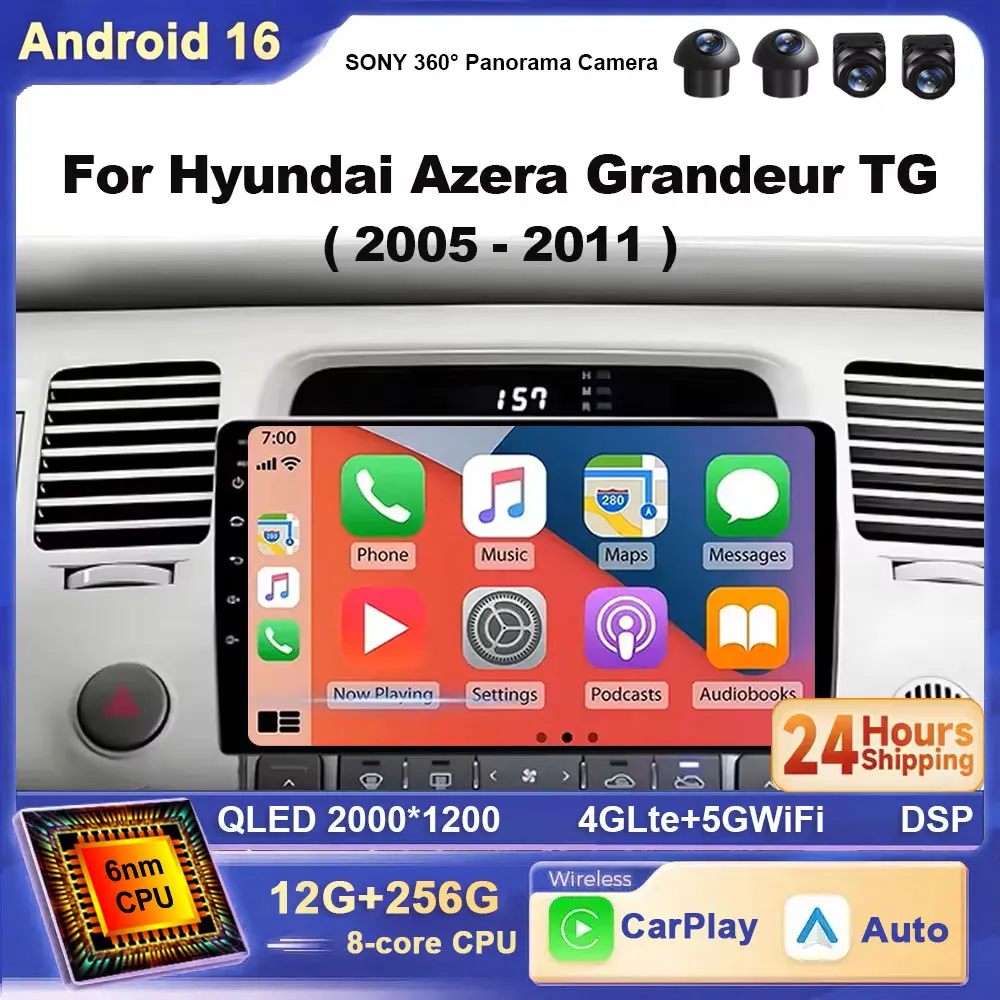 For Hyundai Azera Grandeur TG 2005 - 2011 Android 16 Carplay Auto Car Radio GPS Recorder Multimedia Player 2 Din DVD 4G+WIFI