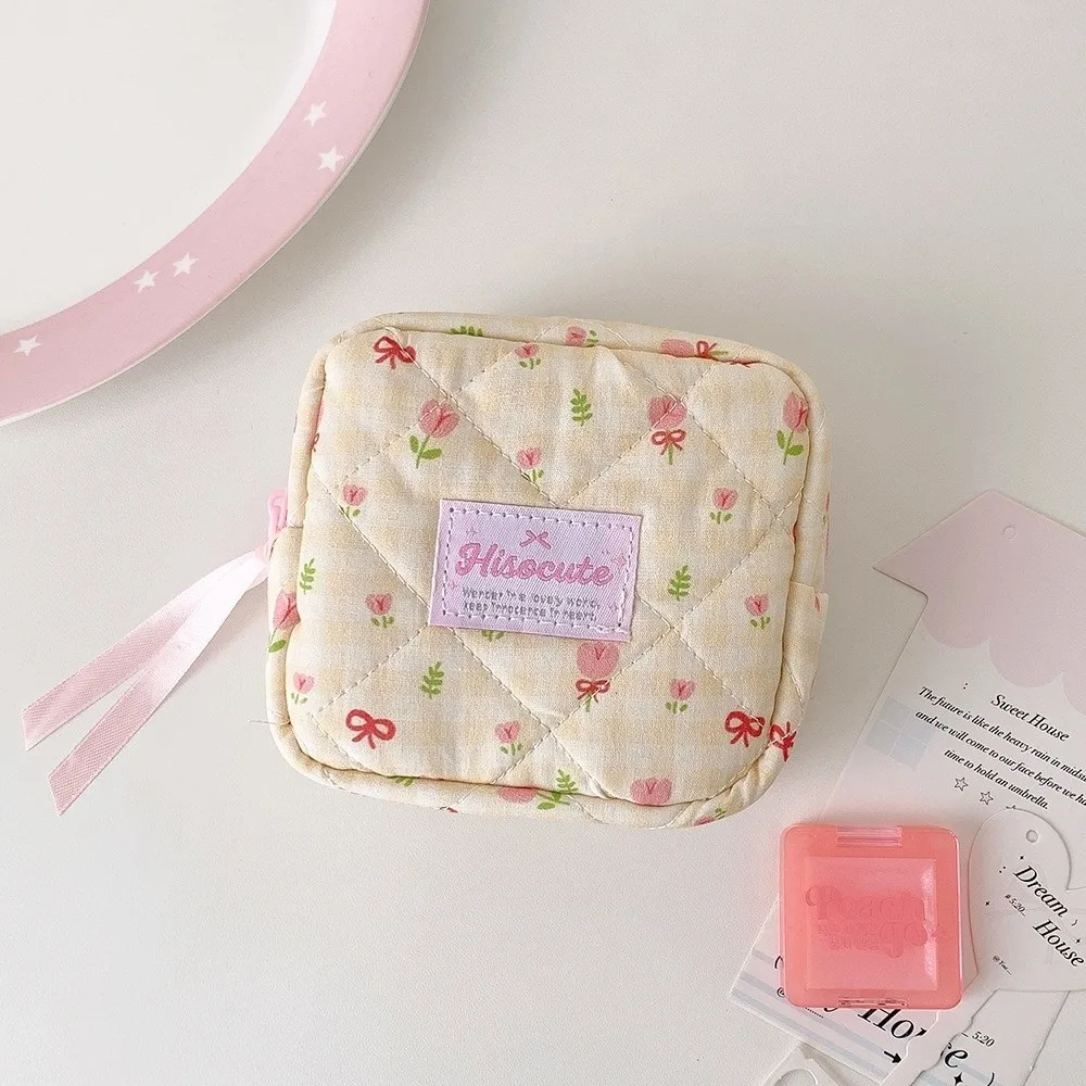 New Quilted Square Cosmetic Bag Ribbon Bow Decor Floral Print Plaid Makeup Pouch Zipper Closure Portable Coin Purse Travel