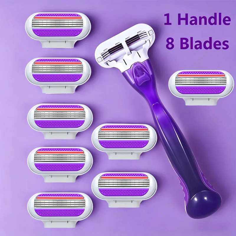 Women Razor 1 Handle 3 Layer Cartridges Stainless Steel Blade Rubber Handle Reusable Body Hair Remove Razor Blade