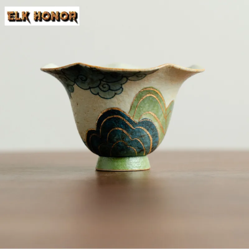 45ml Hand-painted Tracing Gold Green Mountains Teacup Vintage Tea Bowl Jug Tea-tasting Smelling Cup Jianzhan Master Cups Teaset