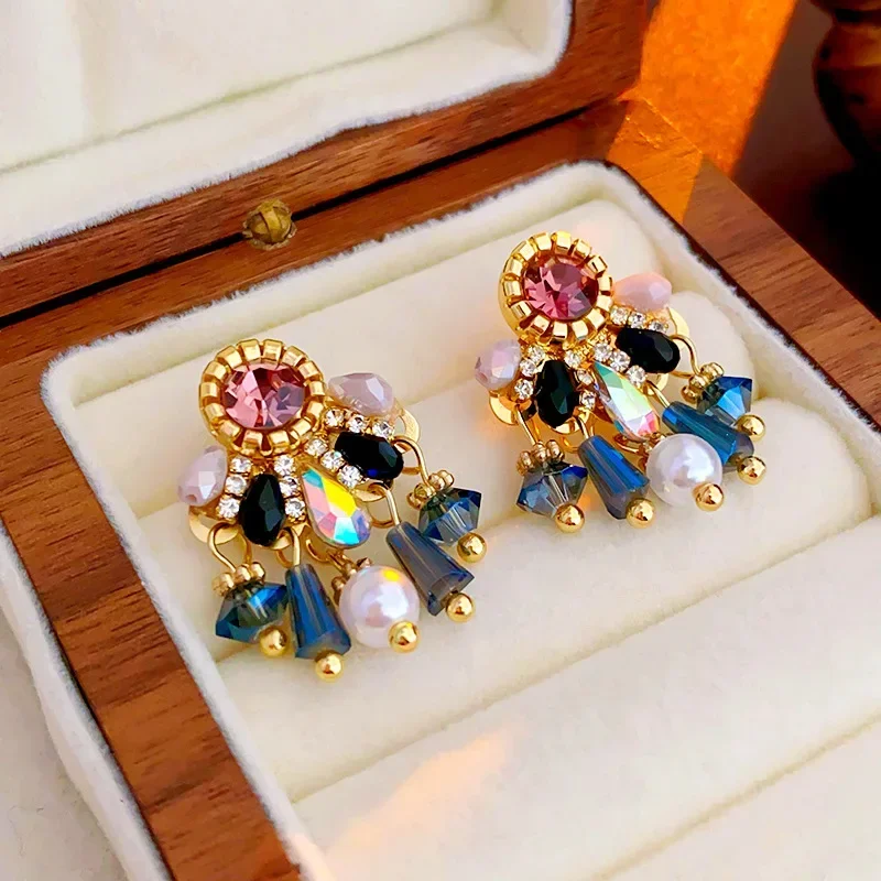 Vintage Colorful Rhinestone Water Drop Earring for Women Imitation Pearl Crystal Beads Earrings with Tassel Ear Jewelry K-