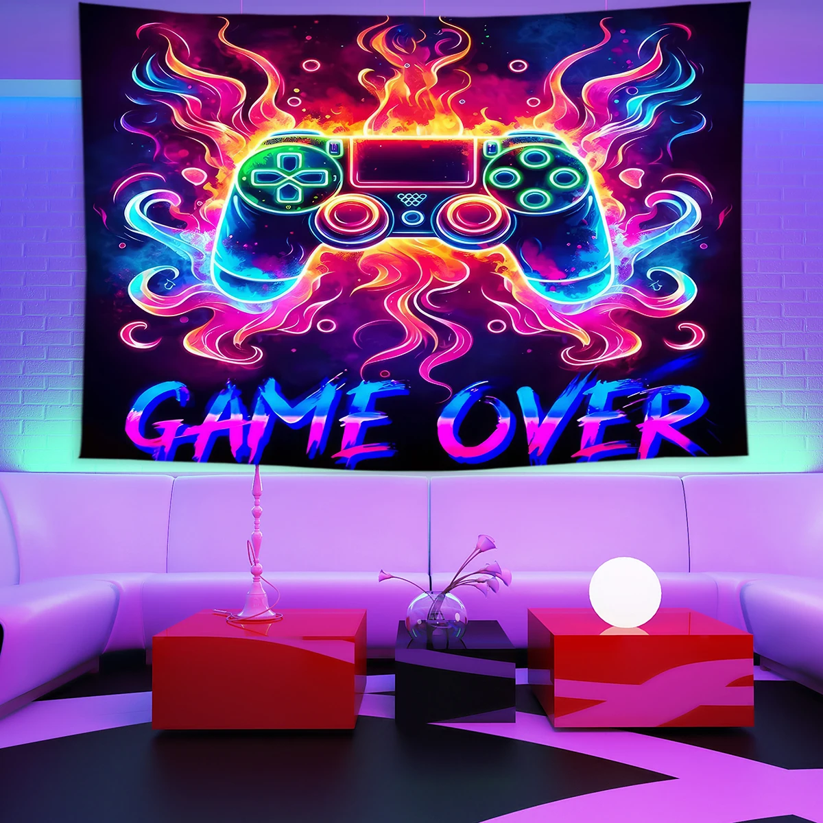 E-Sports Room Game Controller Tapestry Game Over Zone UV Reactive Tapestry Cartoon Character Wall Hanging Home Party Decoration