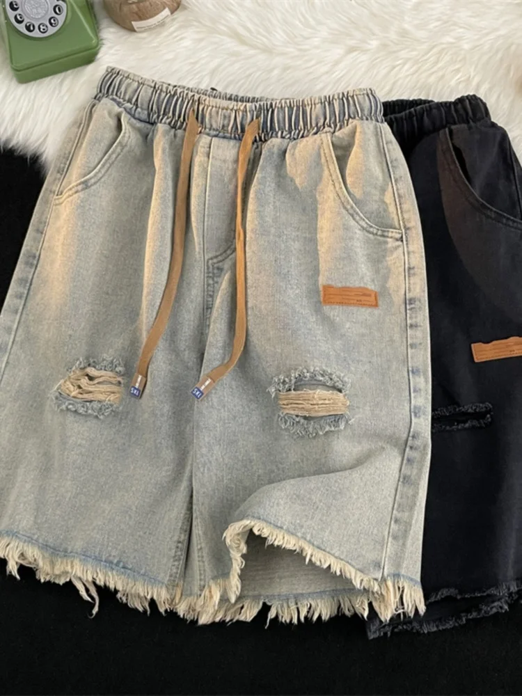 

Washed Denim Short Pants Men Summer Trendy Casual Five-Quarter Middle Waist Design Sense Cuffed Loose Straight Leg Jeans