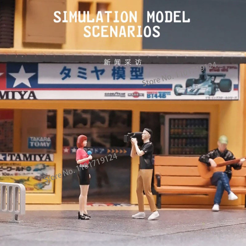 Miniatures 1/64 Diorama Journalists Cameraman TV Outdoor Host Figure Display Figurine City Street View Scene Prop Model