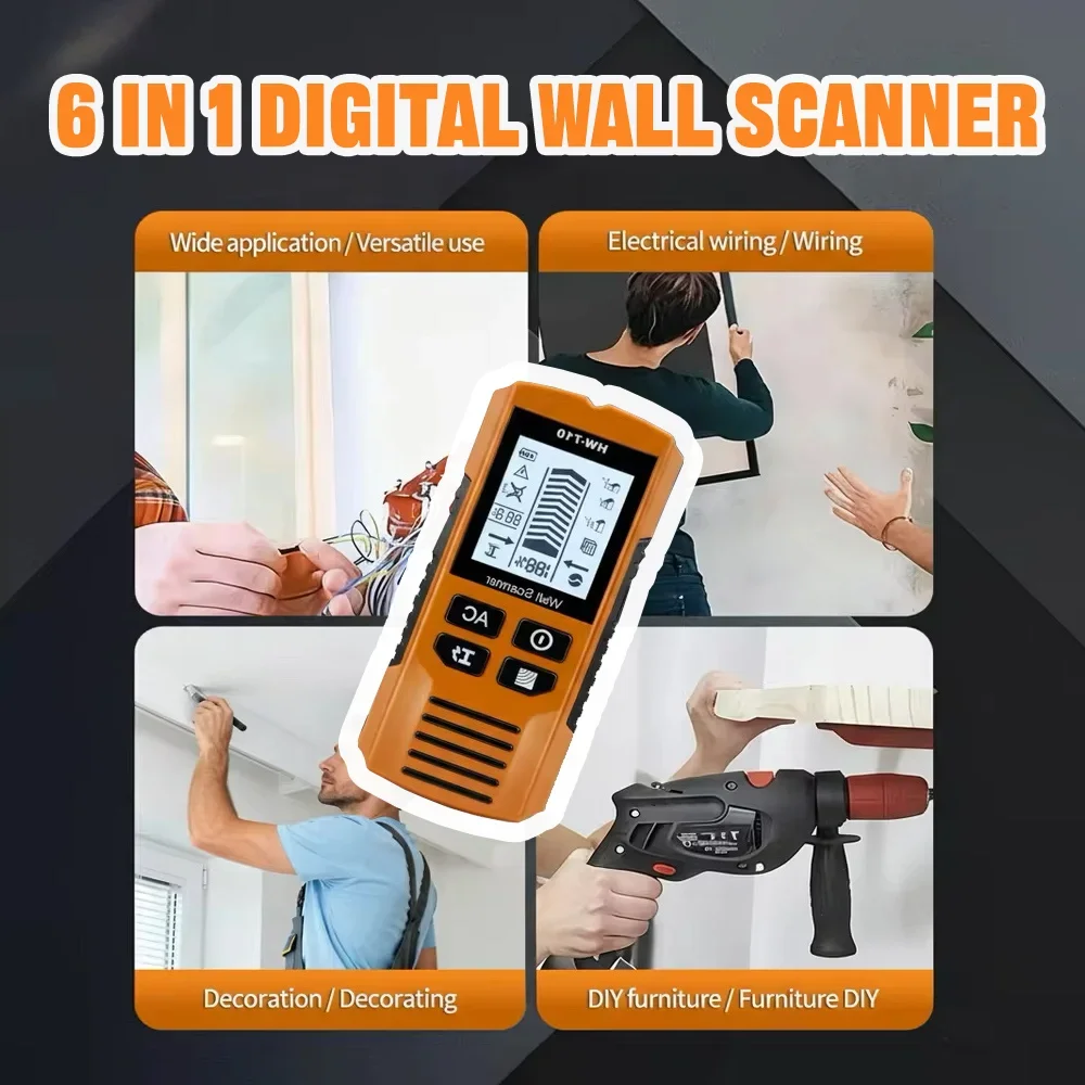 6 In 1 Wall Scanner Stud Finder Metal Detector With LCD Display For Wood AC Voltage Live Wire Cable Pipe Depth Detection Tool