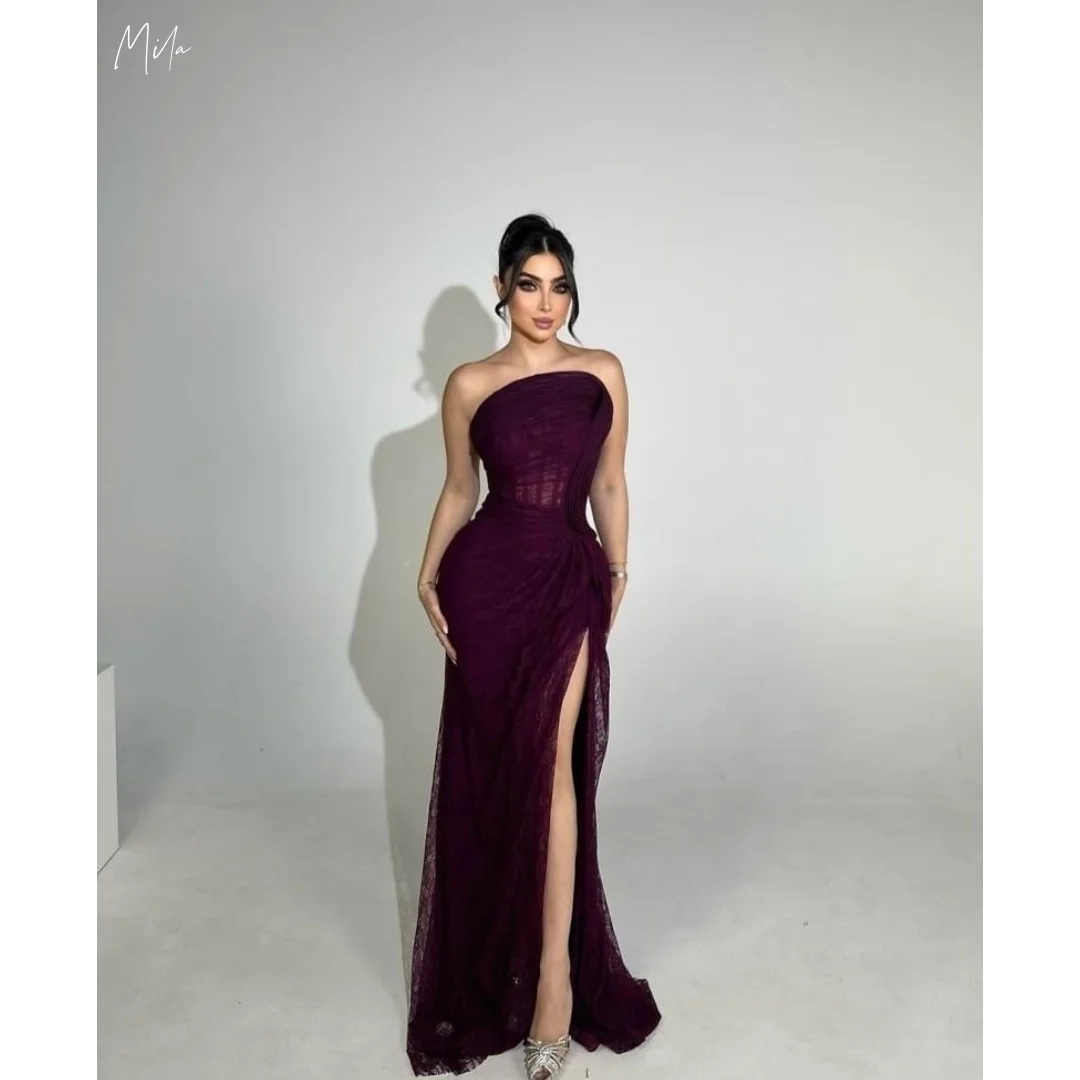 

Mila Deep Бордовые платья для выпускного вечера длиной до пола на одно плечо с рюшами и высоким разрезом, облегающие элегантные вечерние платья по индивидуальному заказу