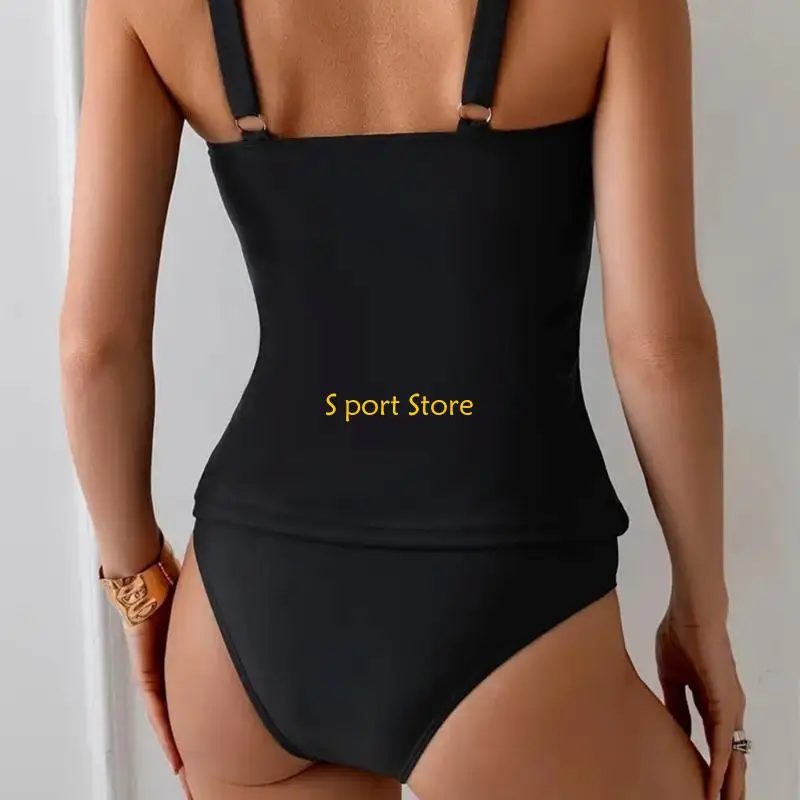 U2JB 2 Piece Tankini Swimwears for Women with Ruched Swim Top and High Waist Briefs 2 Piece Waved Edging Bathing Suit Set