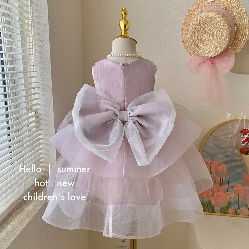 Girls Round Neck Solid Color Sleeveless Summer Dress Cute Baby Girl New Mesh Sweet Children Princess Dresses With Bow
