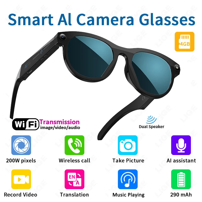 

LIGE 2MP HD Camera Smart Glasses 720P Video Recording Bluetooth Calling Voice Control Music Player AI Translation Sunglasses New