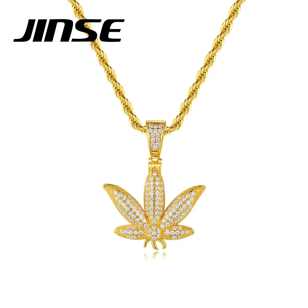 JINSE Fashion Maple Leaf Cubic Zirconia Pendants Bling Gold Color Necklaces for Man Hip Hop Charm 2023 New Trand Party Jewelry