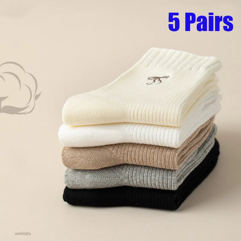 5 Pairs Women's Butterfly Knot Mid-Calf Socks Breathable Sweat Absorbent Autumn INS Style Simple Versatile Sweat Absorbent