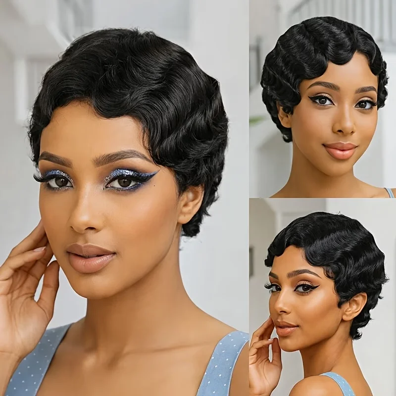 

Retro Finger Wave Wigs, 4-Inch Short Curls for Elegant Ladies, Human Hair Wig, for Role Playing, Short Finger Deep Wave Wig,