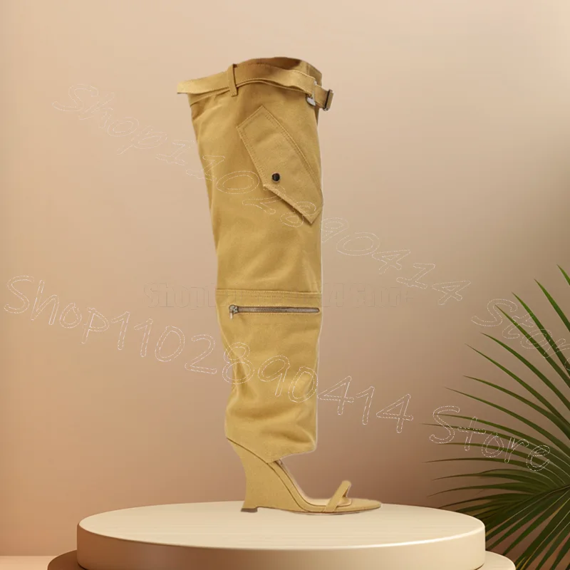 

Yellow Denim Pockets Zipper Design Sandals Boots Buckle Strap Women Shoes Strange Style Heels Open Toe 2026 Zapatos Para Mujere